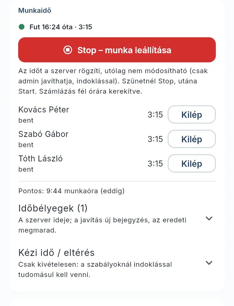 Munkaidő: indítás és leállítás szerelőnként